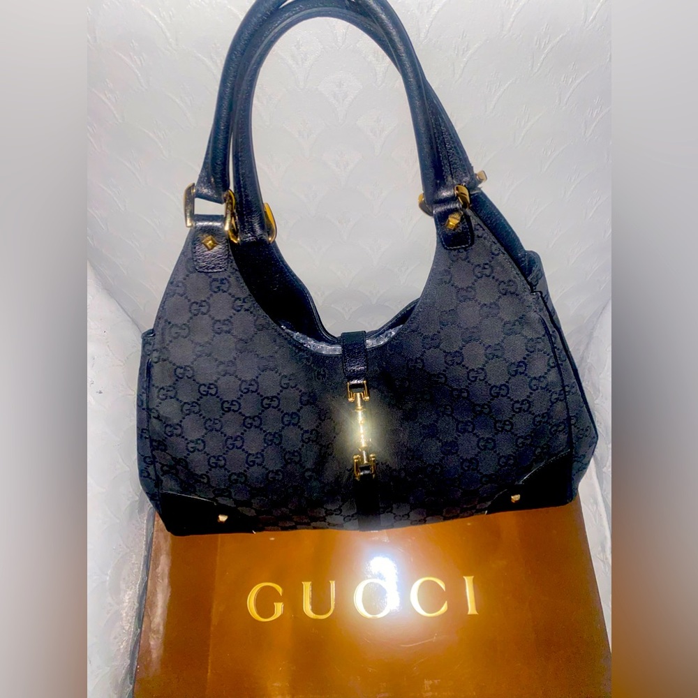 Vintage BLACK MONOGRAM CANVAS JACKIE SHOULDER BAG  Original Piston Clasp